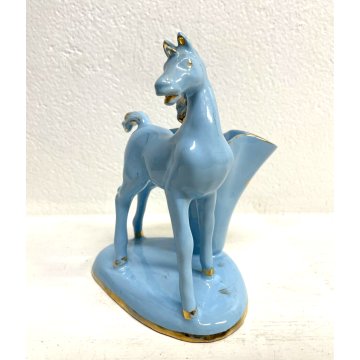 STATUINA CERAMICA VINTAGE FIGURA CAVALLO AZZURRO ORO VASO FIORI ANNI '50