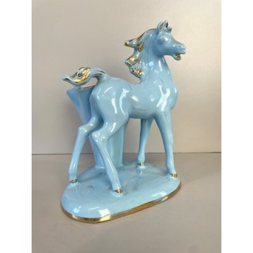 STATUINA CERAMICA VINTAGE FIGURA CAVALLO AZZURRO ORO VASO FIORI ANNI '50