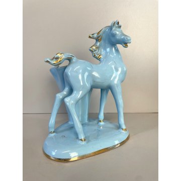 STATUINA CERAMICA VINTAGE FIGURA CAVALLO AZZURRO ORO VASO FIORI ANNI '50