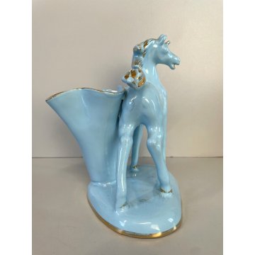 STATUINA CERAMICA VINTAGE FIGURA CAVALLO AZZURRO ORO VASO FIORI ANNI '50