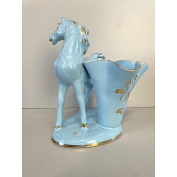 STATUINA CERAMICA VINTAGE FIGURA CAVALLO AZZURRO ORO VASO FIORI ANNI '50