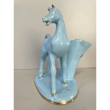 STATUINA CERAMICA VINTAGE FIGURA CAVALLO AZZURRO ORO VASO FIORI ANNI '50