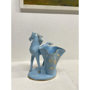 STATUINA CERAMICA VINTAGE FIGURA CAVALLO AZZURRO ORO VASO FIORI ANNI '50