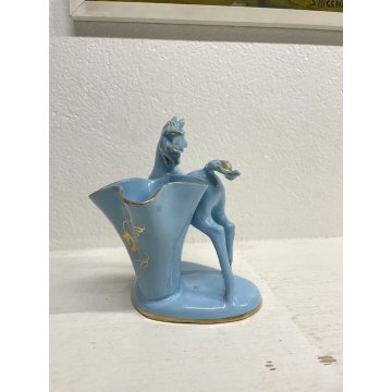 STATUINA CERAMICA VINTAGE FIGURA CAVALLO AZZURRO ORO VASO FIORI ANNI '50