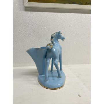 STATUINA CERAMICA VINTAGE FIGURA CAVALLO AZZURRO ORO VASO FIORI ANNI '50