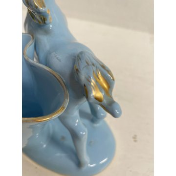 STATUINA CERAMICA VINTAGE FIGURA CAVALLO AZZURRO ORO VASO FIORI ANNI '50