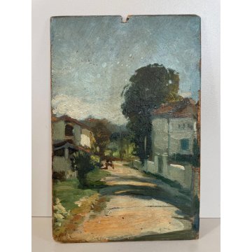 ANTICO PICCOLO DIPINTO OLIO TAVOLETTA PAESAGGIO COLLINA STRADA VECCHIA Arona '58