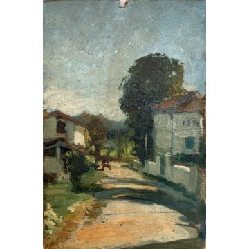 ANTICO PICCOLO DIPINTO OLIO TAVOLETTA PAESAGGIO COLLINA STRADA VECCHIA Arona '58