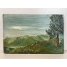 ANTICO PICCOLO DIPINTO OLIO TAVOLETTA E. Borghi PAESAGGIO MONTANO COLLINA LAGO