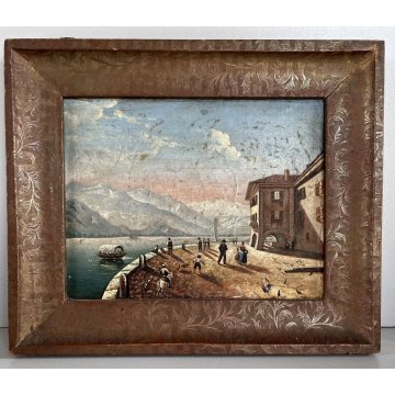 ANTICO DIPINTO OLIO Galleani Pietro MINIATURA PAESAGGIO MONTANO TRAMONTO 800