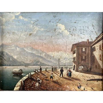 ANTICO DIPINTO OLIO Galleani Pietro MINIATURA PAESAGGIO MONTANO TRAMONTO 800