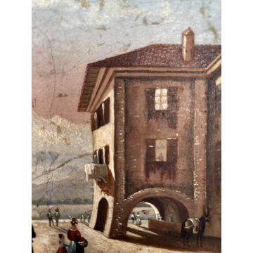 ANTICO DIPINTO OLIO Galleani Pietro MINIATURA PAESAGGIO MONTANO TRAMONTO 800