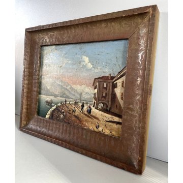 ANTICO DIPINTO OLIO Galleani Pietro MINIATURA PAESAGGIO MONTANO TRAMONTO 800