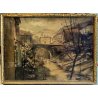 QUADRO DIPINTO OLIO PAESAGGIO SCORCIO ANTICO BORGO PONTE ESPRESSIONISMO '900