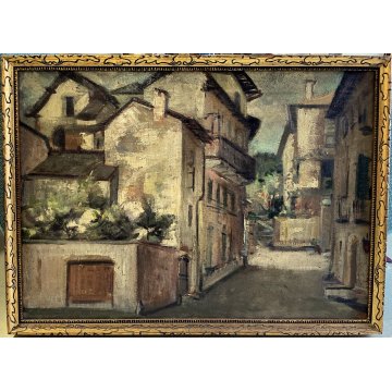 QUADRO DIPINTO OLIO PAESAGGIO CAMPAGNA SCORCIO BORGO ANTICO  ESPRESSIONISMO '900