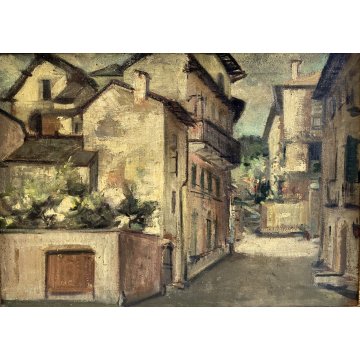 QUADRO DIPINTO OLIO PAESAGGIO CAMPAGNA SCORCIO BORGO ANTICO  ESPRESSIONISMO '900