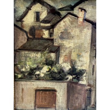 QUADRO DIPINTO OLIO PAESAGGIO CAMPAGNA SCORCIO BORGO ANTICO  ESPRESSIONISMO '900