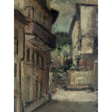 QUADRO DIPINTO OLIO PAESAGGIO CAMPAGNA SCORCIO BORGO ANTICO  ESPRESSIONISMO '900