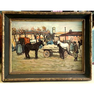 ANTICO QUADRO DIPINTO OLIO TELA FIRMATO Zapato MERCATO CARRI CAVALLI Primo '900