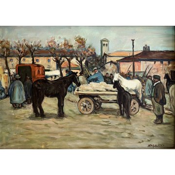 ANTICO QUADRO DIPINTO OLIO TELA FIRMATO Zapato MERCATO CARRI CAVALLI Primo '900