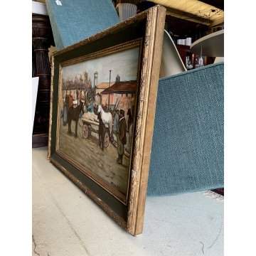 ANTICO QUADRO DIPINTO OLIO TELA FIRMATO Zapato MERCATO CARRI CAVALLI Primo '900