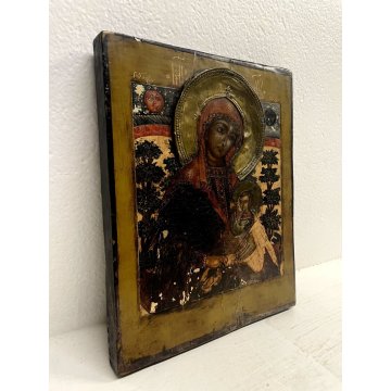 ANTICA ICONA RUSSA Madonna Gesù BAMBINO LEGNO OTTONE ARTE SACRA RELIGIOSO '800