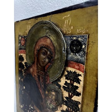 ANTICA ICONA RUSSA Madonna Gesù BAMBINO LEGNO OTTONE ARTE SACRA RELIGIOSO '800