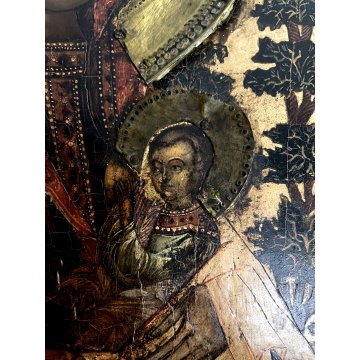 ANTICA ICONA RUSSA Madonna Gesù BAMBINO LEGNO OTTONE ARTE SACRA RELIGIOSO '800