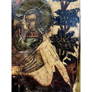 ANTICA ICONA RUSSA Madonna Gesù BAMBINO LEGNO OTTONE ARTE SACRA RELIGIOSO '800