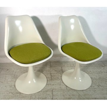 COPPIA SEDIA TULIP ANNI 70 BIANCA VERDE CUSCINO VINTAGE DESIGN CHAIR GIREVOLI