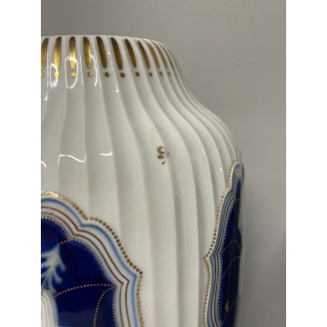 COPPIA VASO PORCELLANA BIANCA PUTTI ORO ZECCHINO SMALTO BLU VASE EPOCA '900