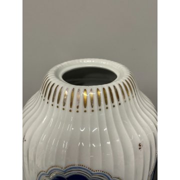 COPPIA VASO PORCELLANA BIANCA PUTTI ORO ZECCHINO SMALTO BLU VASE EPOCA '900