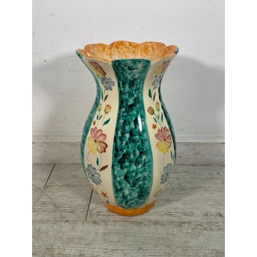 GRANDE VASO CERAMICA POLICROMA PUCCI UMBERTIDE anni 40 VERDE SMERALDO FIORI H 51