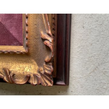 ANTICA DOPPIA CORNICE LEGNO DORATO DECORATO PASSEPARTOUT BORDEAUX 58x50,5 cm 900