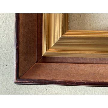 ANTICA DOPPIA CORNICE LEGNO RIVESTITO VELLUTO LEGNO DORATO 53 x 43 cm EPOCA '900