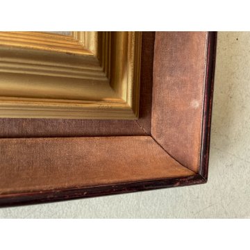 ANTICA DOPPIA CORNICE LEGNO RIVESTITO VELLUTO LEGNO DORATO 53 x 43 cm EPOCA '900