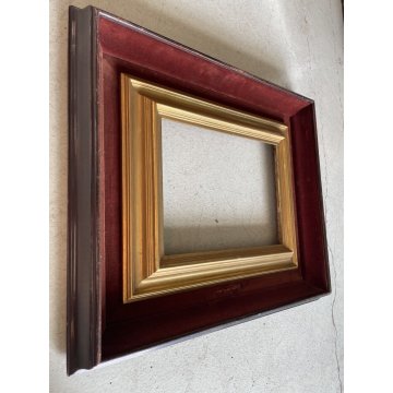 ANTICA DOPPIA CORNICE LEGNO RIVESTITO VELLUTO LEGNO DORATO 44 x 52 cm EPOCA '900