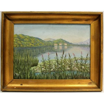 ANTICO QUADRO DIPINTO OLIO TELA Henry Wagner PAESAGGIO LACUSTRE MELIDE' 1927