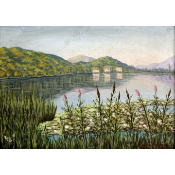 ANTICO QUADRO DIPINTO OLIO TELA Henry Wagner PAESAGGIO LACUSTRE MELIDE' 1927