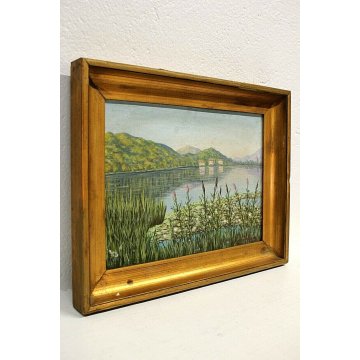 ANTICO QUADRO DIPINTO OLIO TELA Henry Wagner PAESAGGIO LACUSTRE MELIDE' 1927