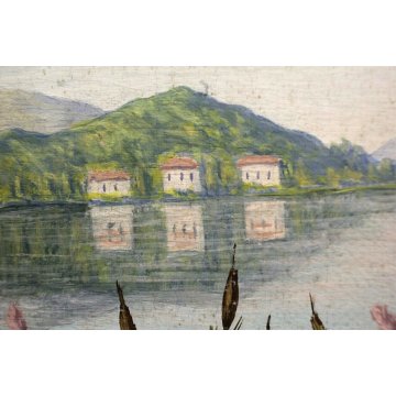 ANTICO QUADRO DIPINTO OLIO TELA Henry Wagner PAESAGGIO LACUSTRE MELIDE' 1927