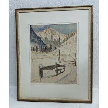 ANTICO QUADRO firmato 1945 ACQUERELLO dipinto MONTAGNA SVIZZERA Tamis NEVE