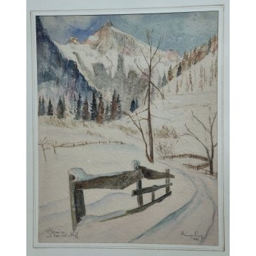 ANTICO QUADRO firmato 1945 ACQUERELLO dipinto MONTAGNA SVIZZERA Tamis NEVE