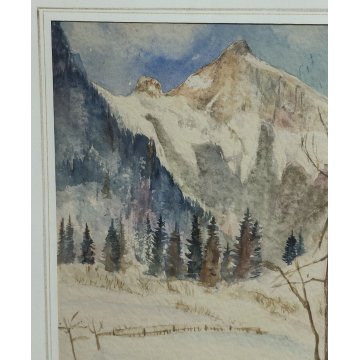 ANTICO QUADRO firmato 1945 ACQUERELLO dipinto MONTAGNA SVIZZERA Tamis NEVE