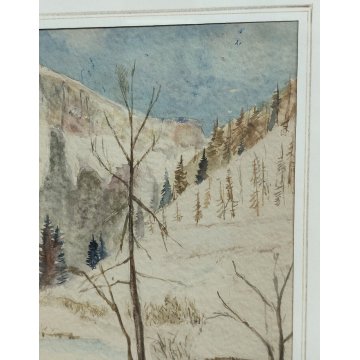 ANTICO QUADRO firmato 1945 ACQUERELLO dipinto MONTAGNA SVIZZERA Tamis NEVE