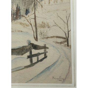 ANTICO QUADRO firmato 1945 ACQUERELLO dipinto MONTAGNA SVIZZERA Tamis NEVE