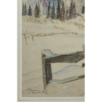 ANTICO QUADRO firmato 1945 ACQUERELLO dipinto MONTAGNA SVIZZERA Tamis NEVE