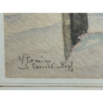 ANTICO QUADRO firmato 1945 ACQUERELLO dipinto MONTAGNA SVIZZERA Tamis NEVE