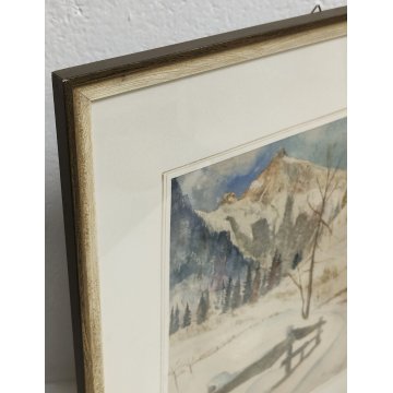 ANTICO QUADRO firmato 1945 ACQUERELLO dipinto MONTAGNA SVIZZERA Tamis NEVE