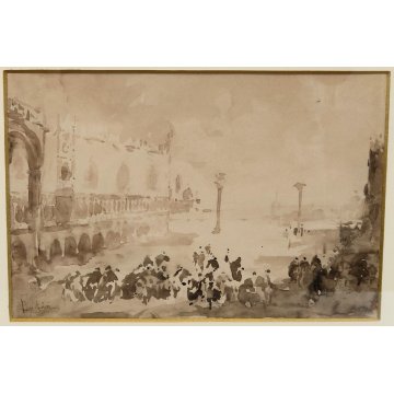 ANTICO QUADRO firmato ACQUERELLO dipinto Piazza San Marco VENEZIA epoca 900